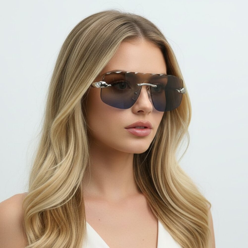 NEW Futuristic Frameless Oversized Trendy Designer Style Sunglasses - Silver